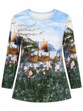 Tradition Country Scenic Floral Viking Boat Print Long-Sleeve Women Cotton Top L